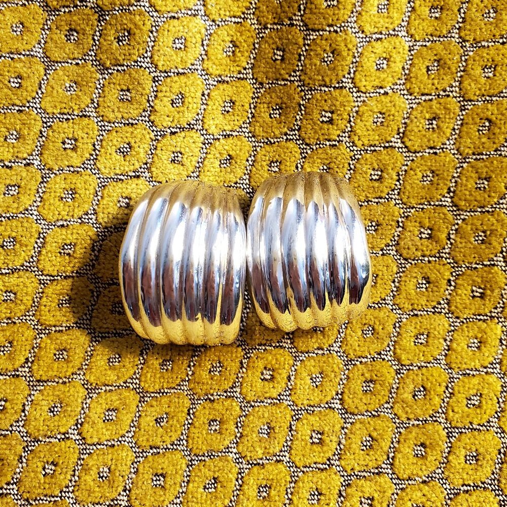 Vintage 925 Silver puffy large half hoop earrings, Omega back